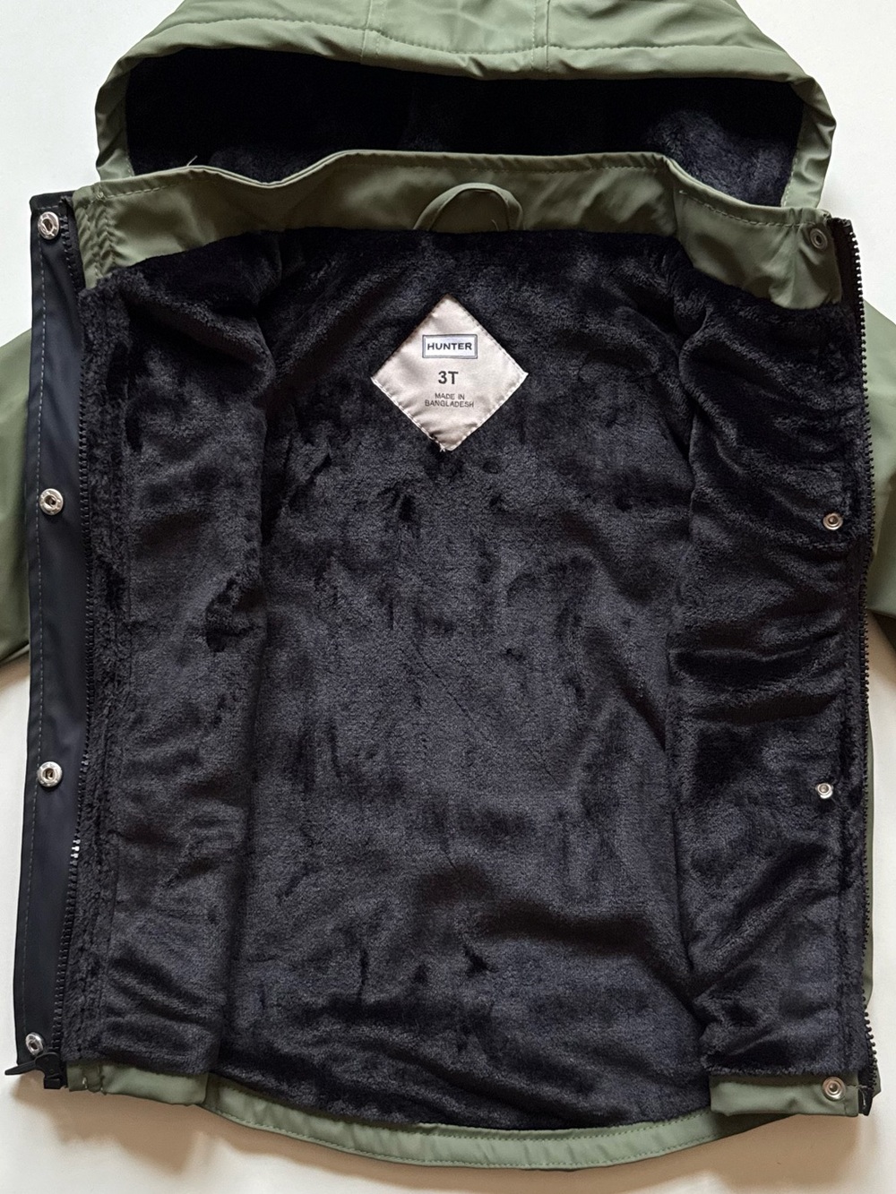 Hunter Boys Plush Lined Olive Hooded Rain Jacket - Size 3T - Picture 14 of 16